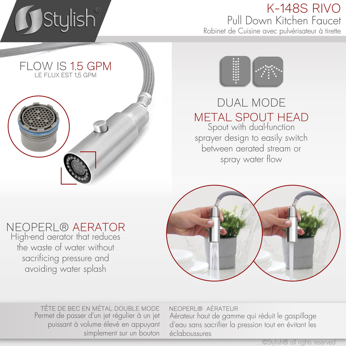 Stylish Rivo Single Handle Pull Down Kitchen Faucet Stainless Steel K-148S