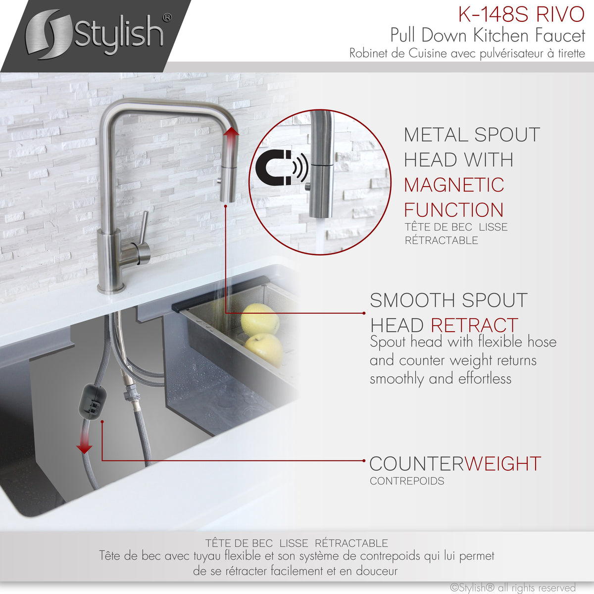 Stylish Rivo Single Handle Pull Down Kitchen Faucet Stainless Steel K-148S
