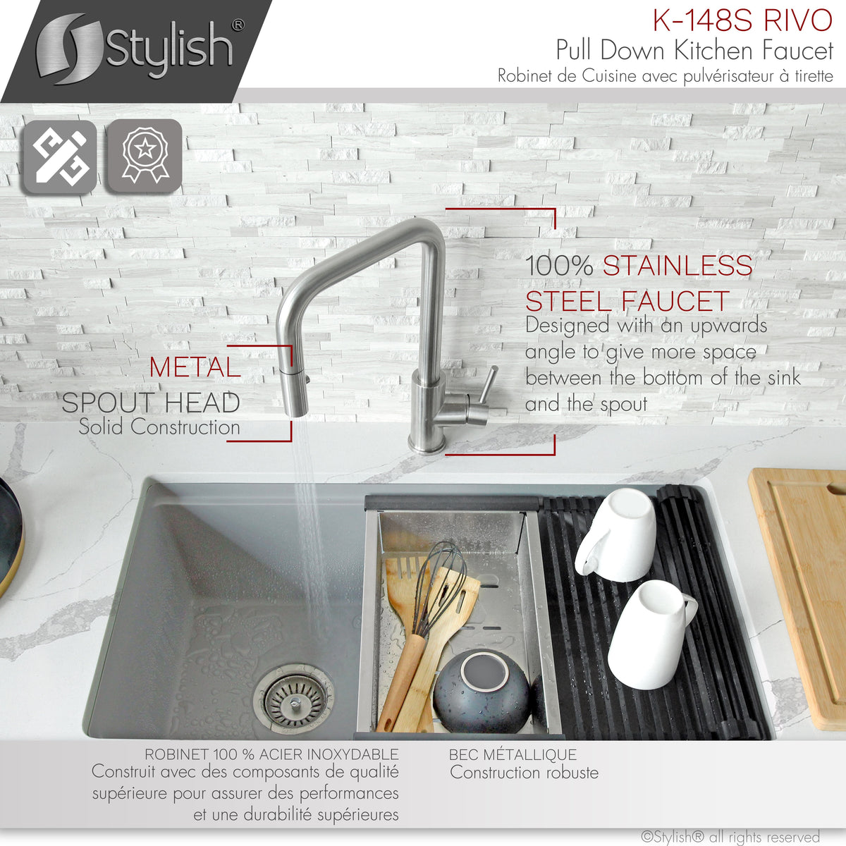 Stylish Rivo Single Handle Pull Down Kitchen Faucet Stainless Steel K-148S