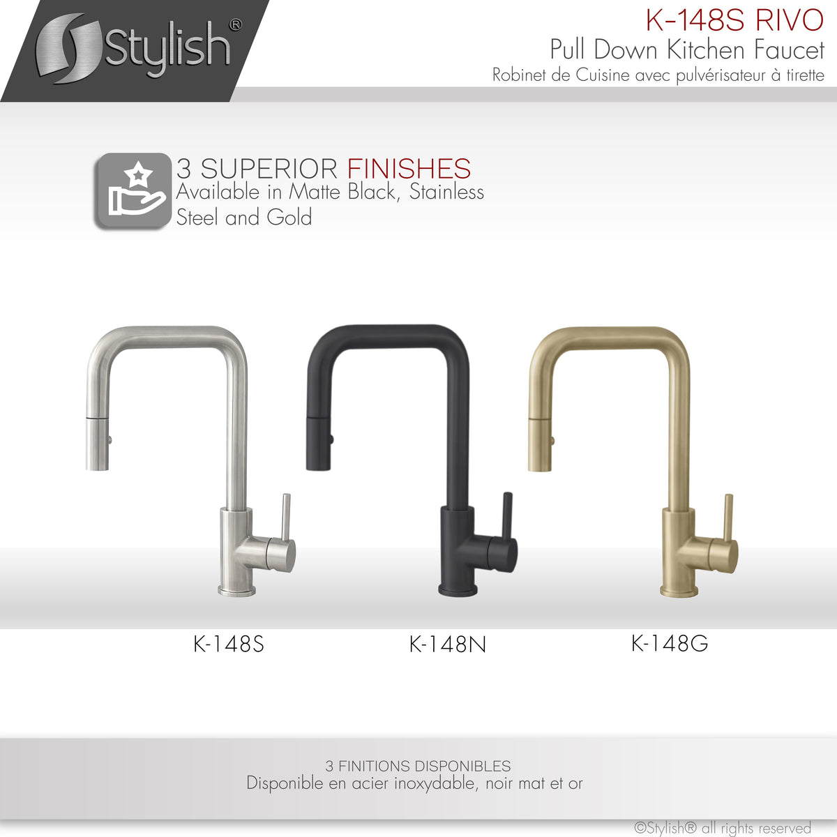 Stylish Rivo Single Handle Pull Down Kitchen Faucet Stainless Steel K-148S