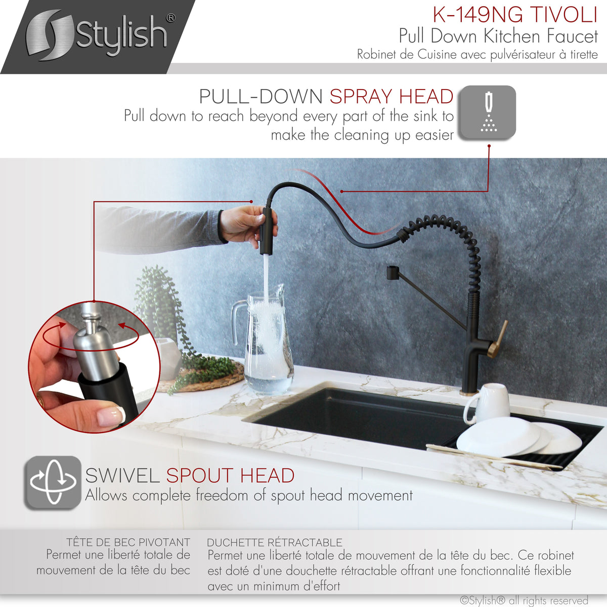 Stylish Tivoli Single Handle Pull Down Kitchen Faucet Matte Black/Brushed Gold K-149NG