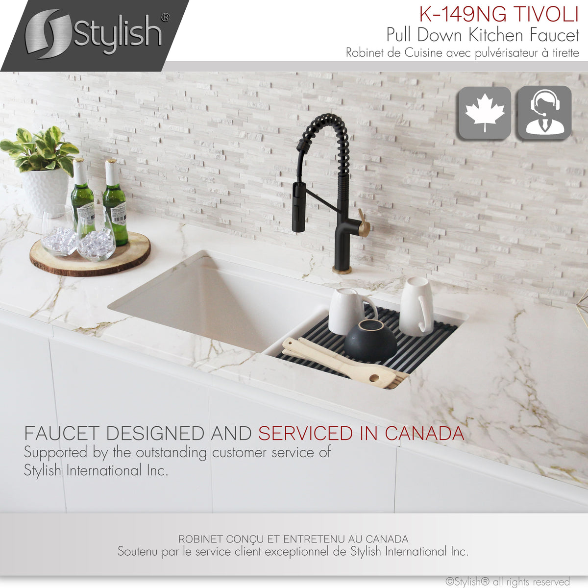 Stylish Tivoli Single Handle Pull Down Kitchen Faucet Matte Black/Brushed Gold K-149NG