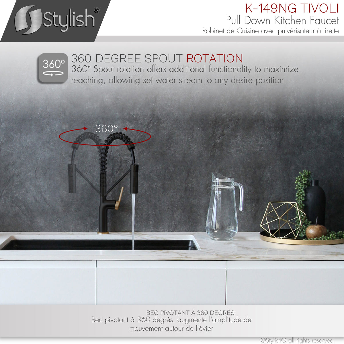Stylish Tivoli Single Handle Pull Down Kitchen Faucet Matte Black/Brushed Gold K-149NG