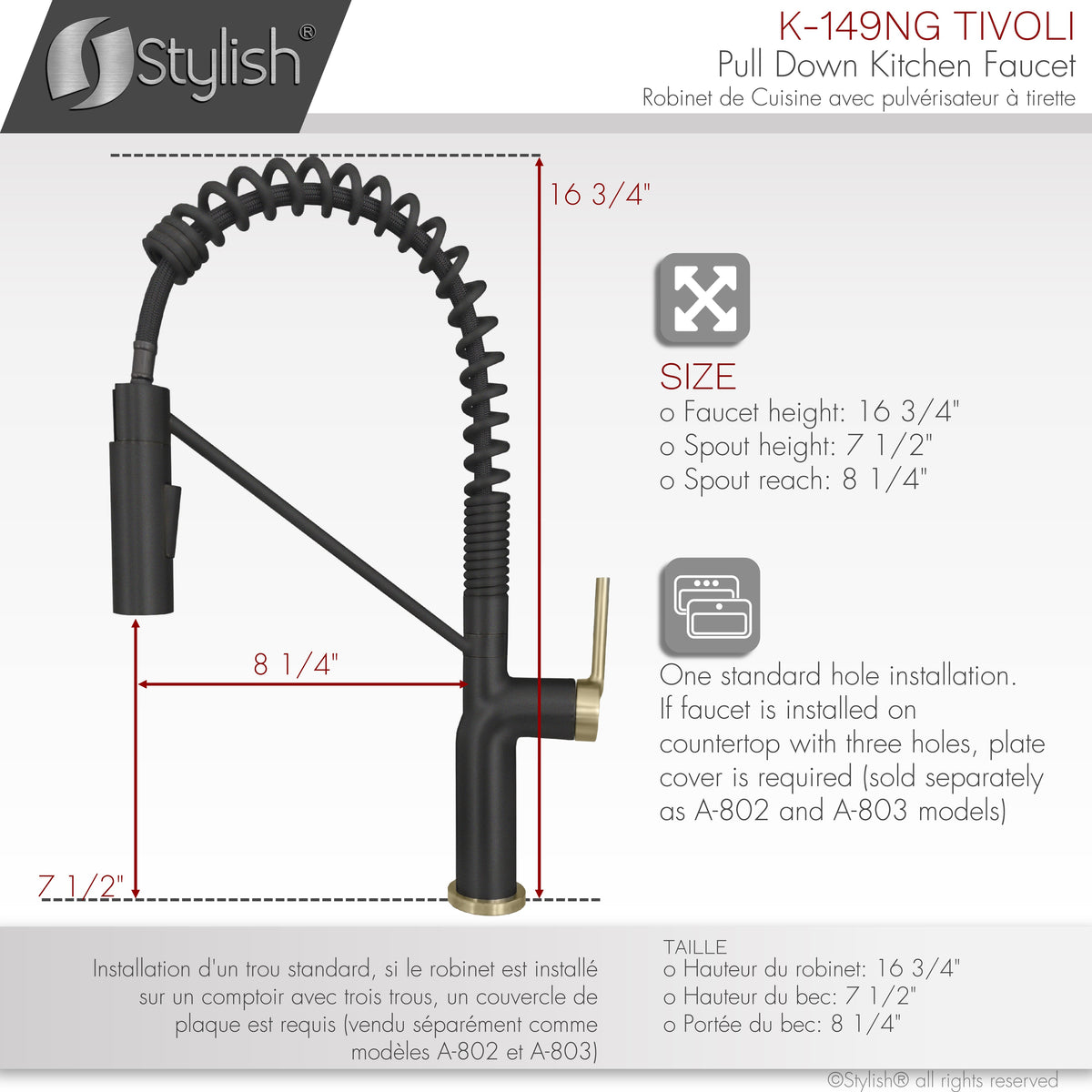 Stylish Tivoli Single Handle Pull Down Kitchen Faucet Matte Black/Brushed Gold K-149NG