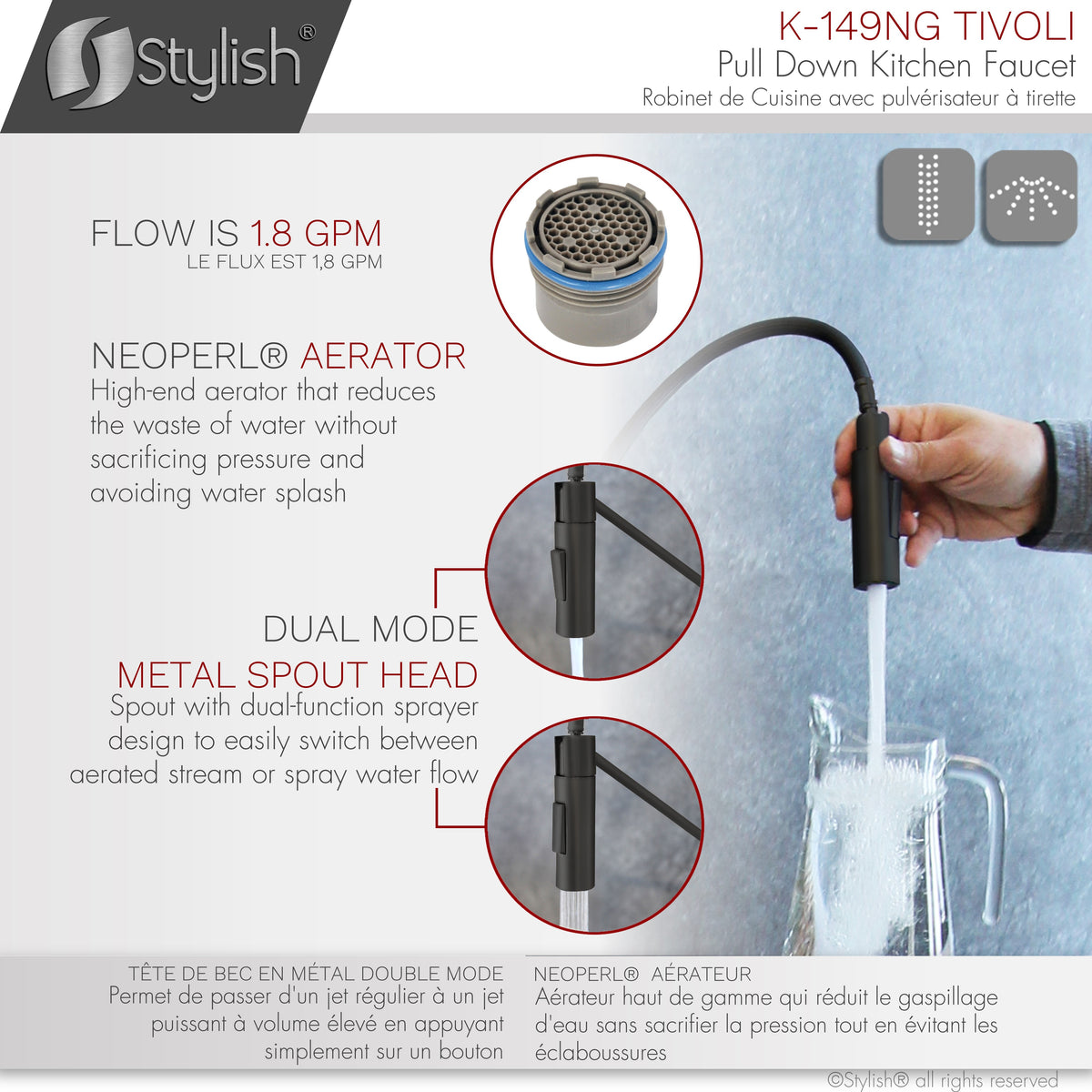 Stylish Tivoli Single Handle Pull Down Kitchen Faucet Matte Black/Brushed Gold K-149NG
