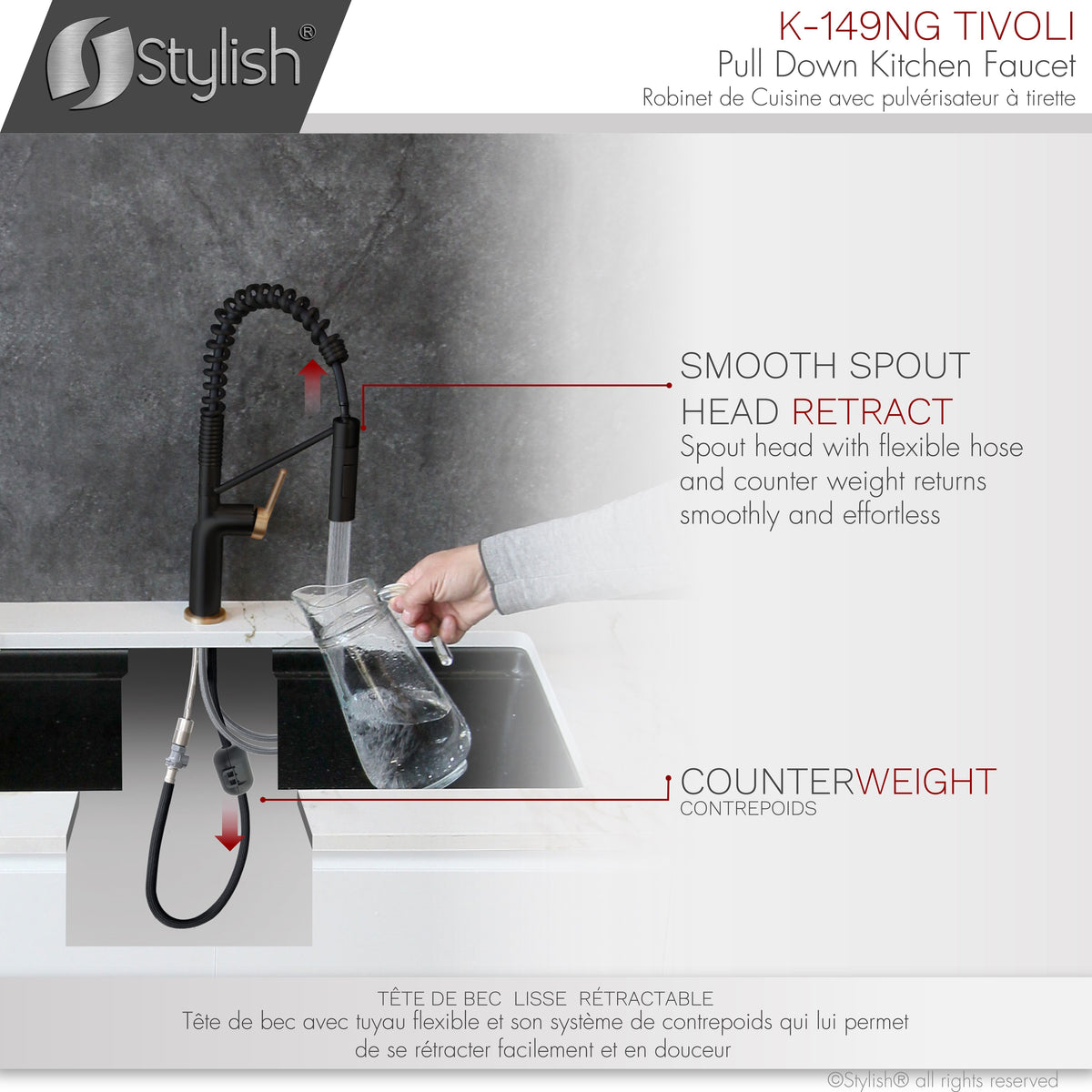 Stylish Tivoli Single Handle Pull Down Kitchen Faucet Matte Black/Brushed Gold K-149NG