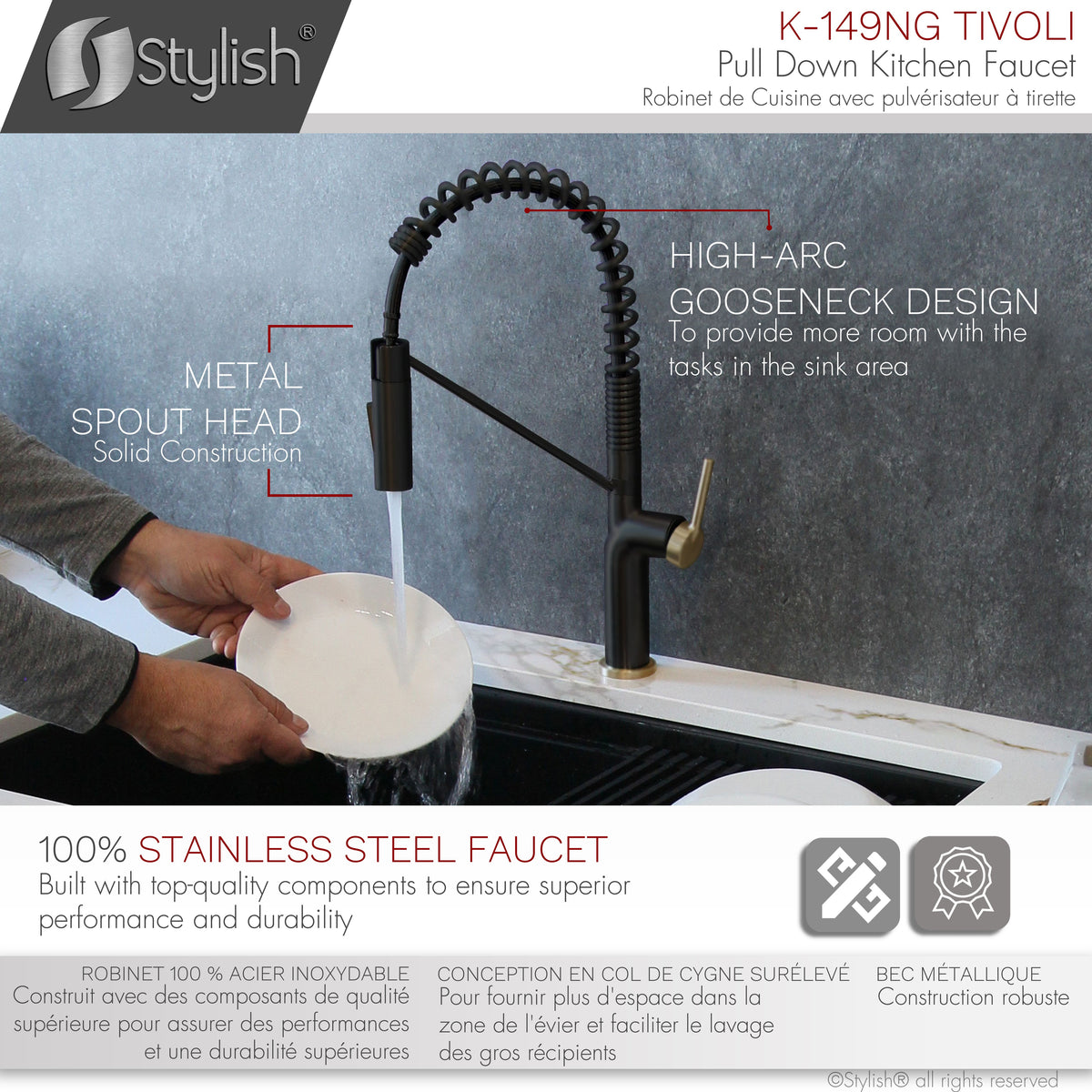 Stylish Tivoli Single Handle Pull Down Kitchen Faucet Matte Black/Brushed Gold K-149NG