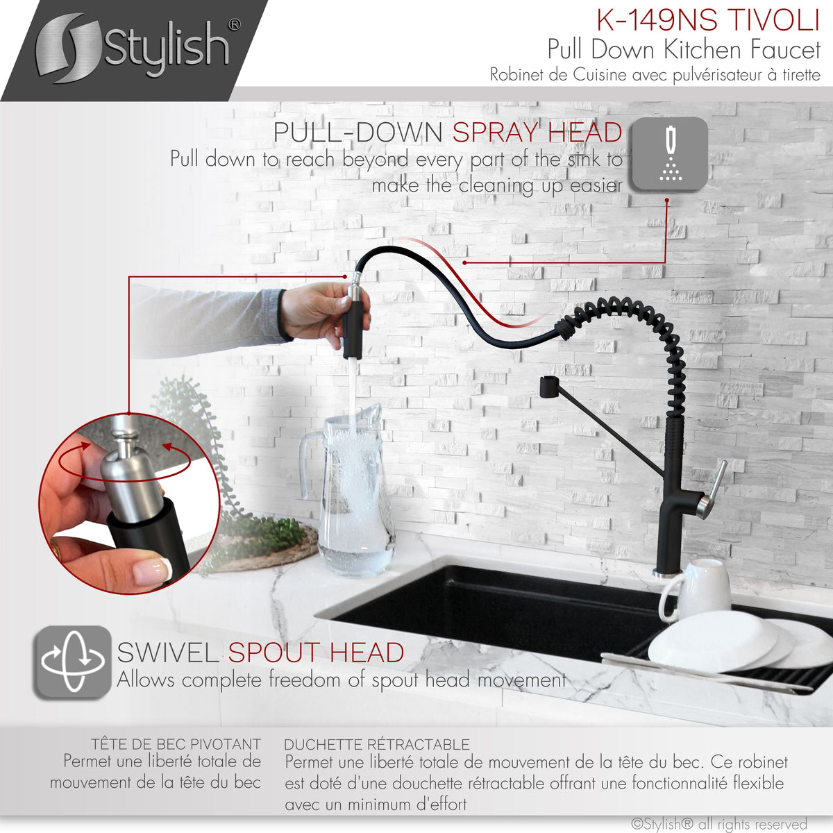 Stylish Tivoli Single Handle Pull Down Kitchen Faucet Matte Black/Brushed K-149NS