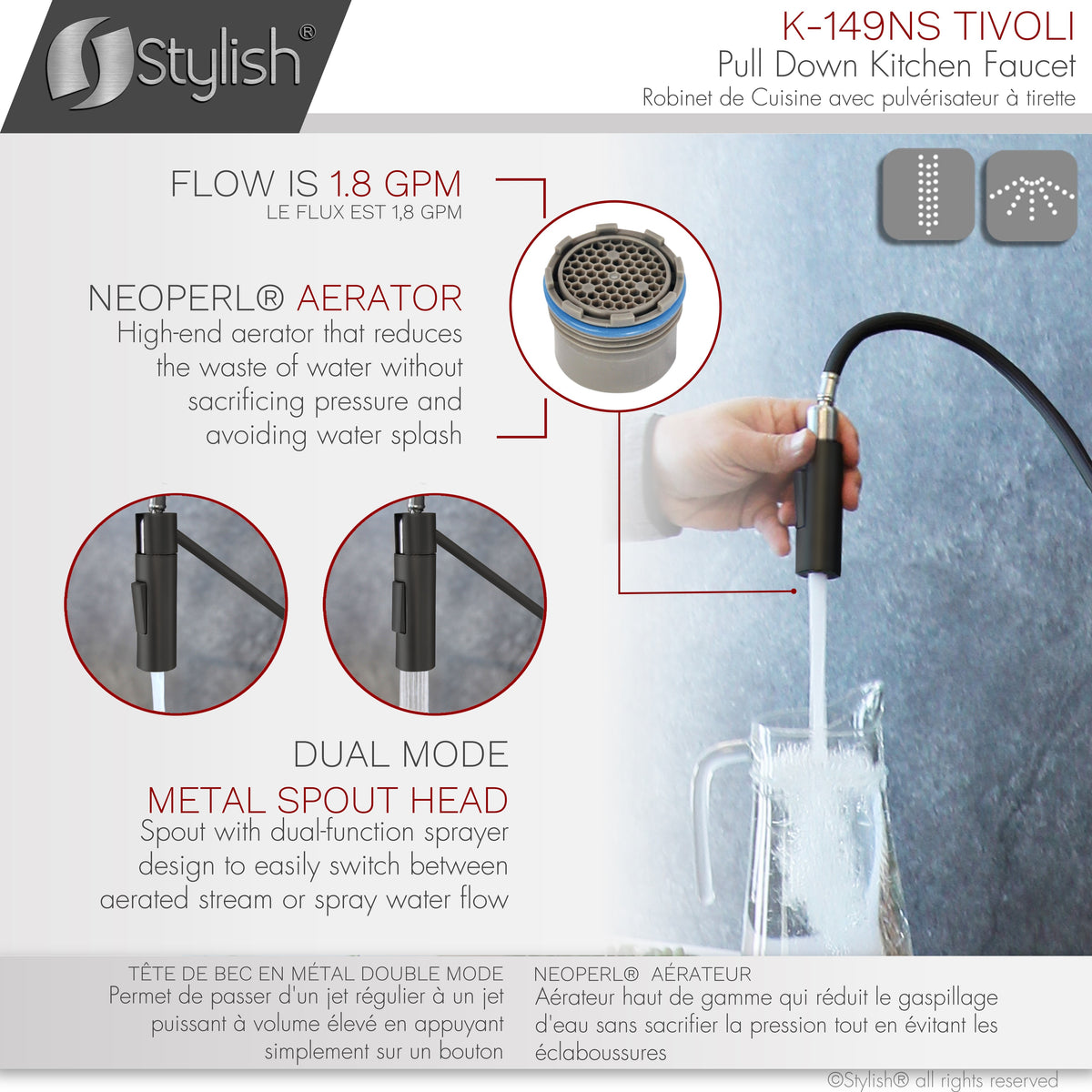 Stylish Tivoli Single Handle Pull Down Kitchen Faucet Matte Black/Brushed K-149NS