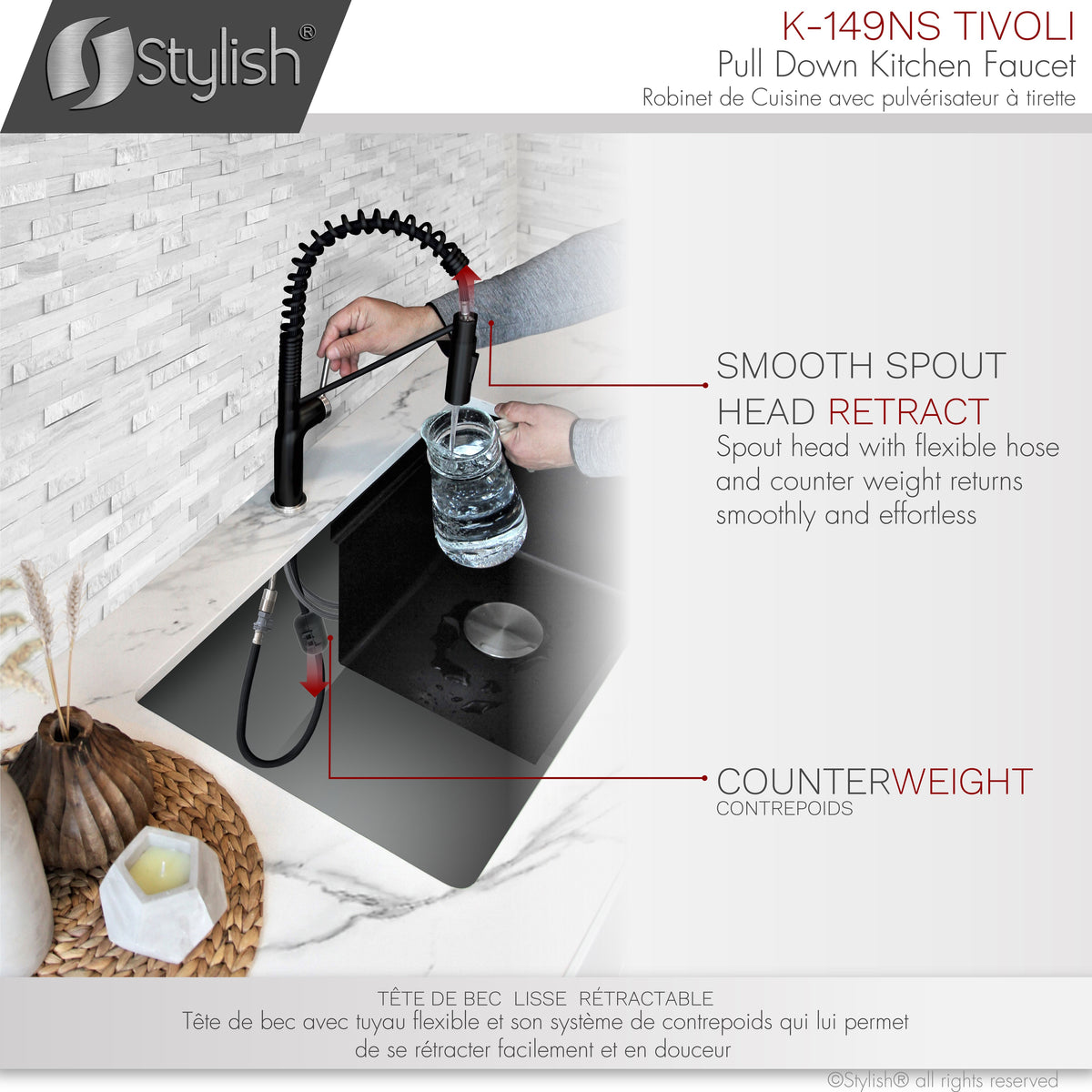 Stylish Tivoli Single Handle Pull Down Kitchen Faucet Matte Black/Brushed K-149NS