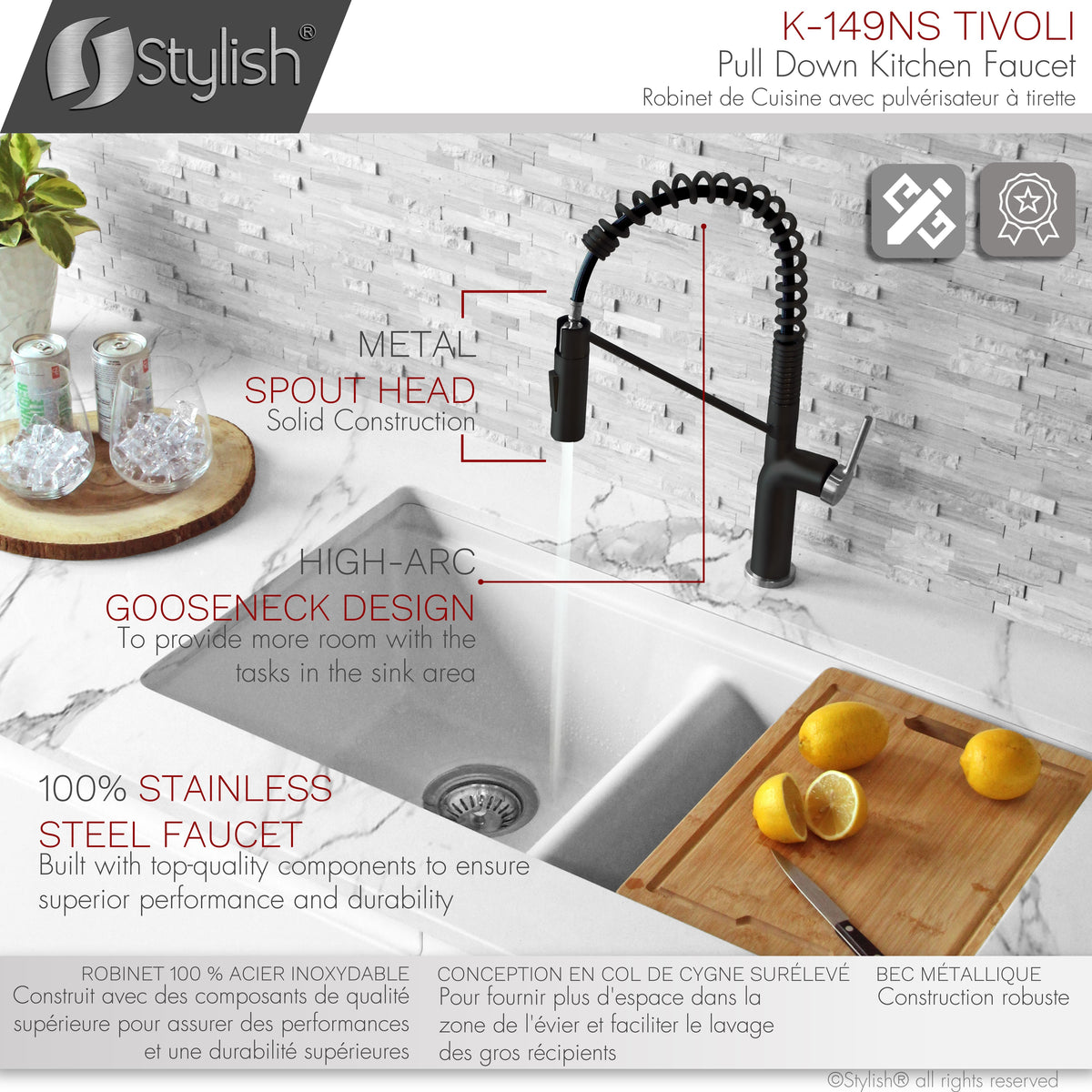 Stylish Tivoli Single Handle Pull Down Kitchen Faucet Matte Black/Brushed K-149NS