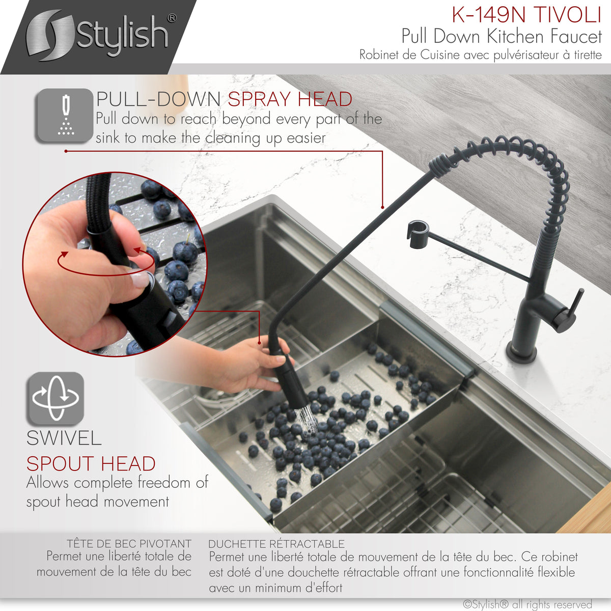 Stylish Tivoli Single Handle Pull Down Kitchen Faucet Matte Black K-149N