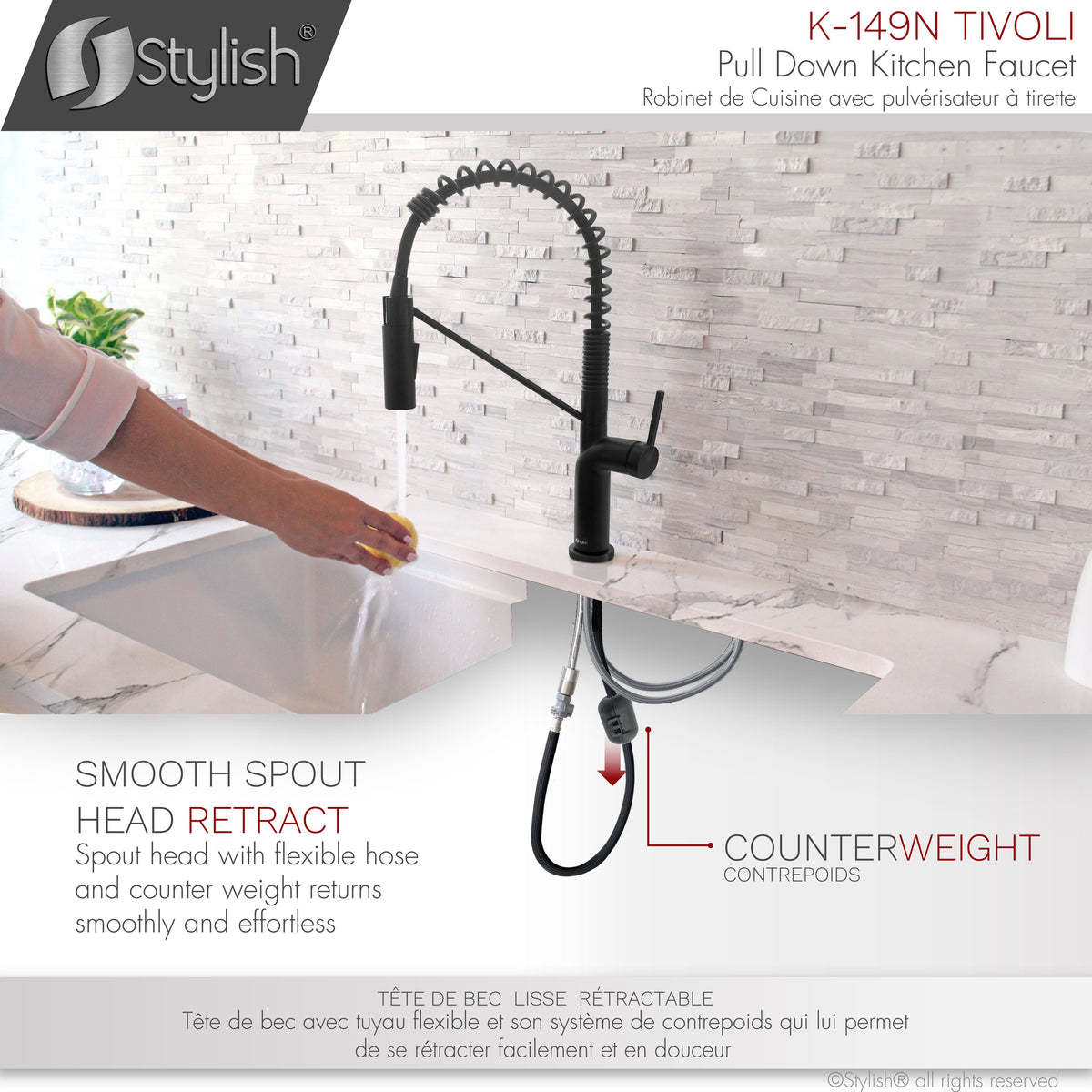 Stylish Tivoli Single Handle Pull Down Kitchen Faucet Matte Black K-149N