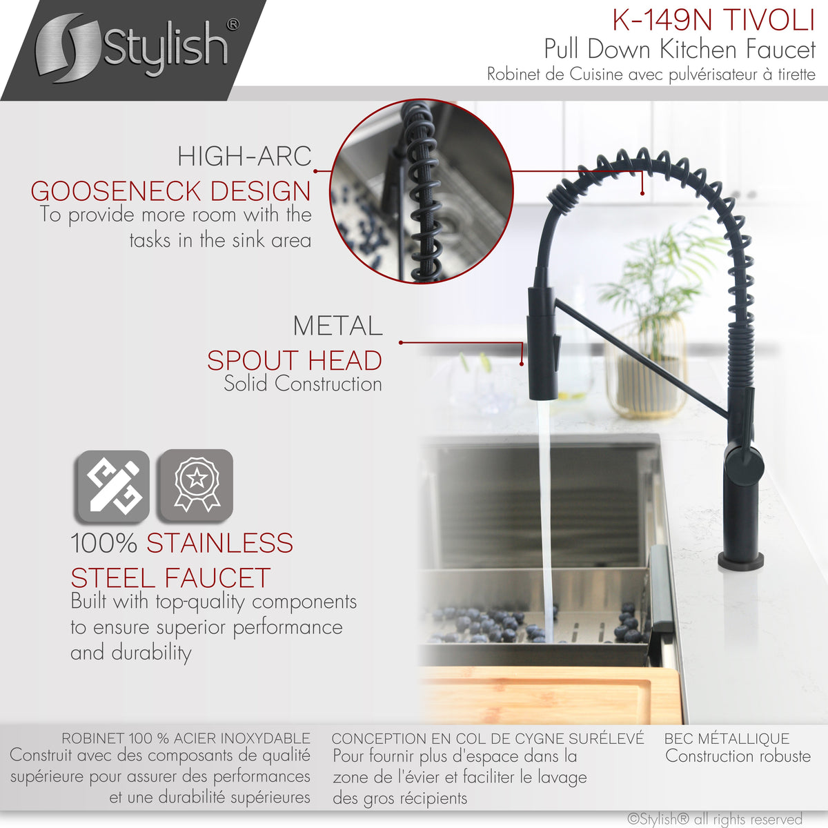 Stylish Tivoli Single Handle Pull Down Kitchen Faucet Matte Black K-149N