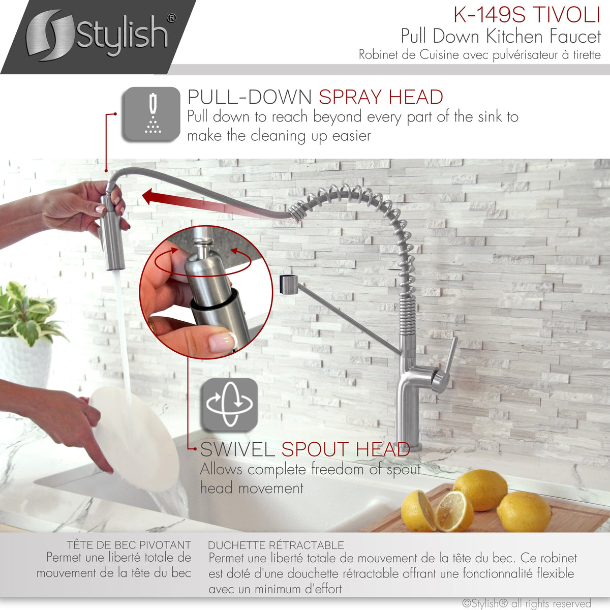 Stylish Tivoli Single Handle Pull Down Kitchen Faucet Brushed K-149S