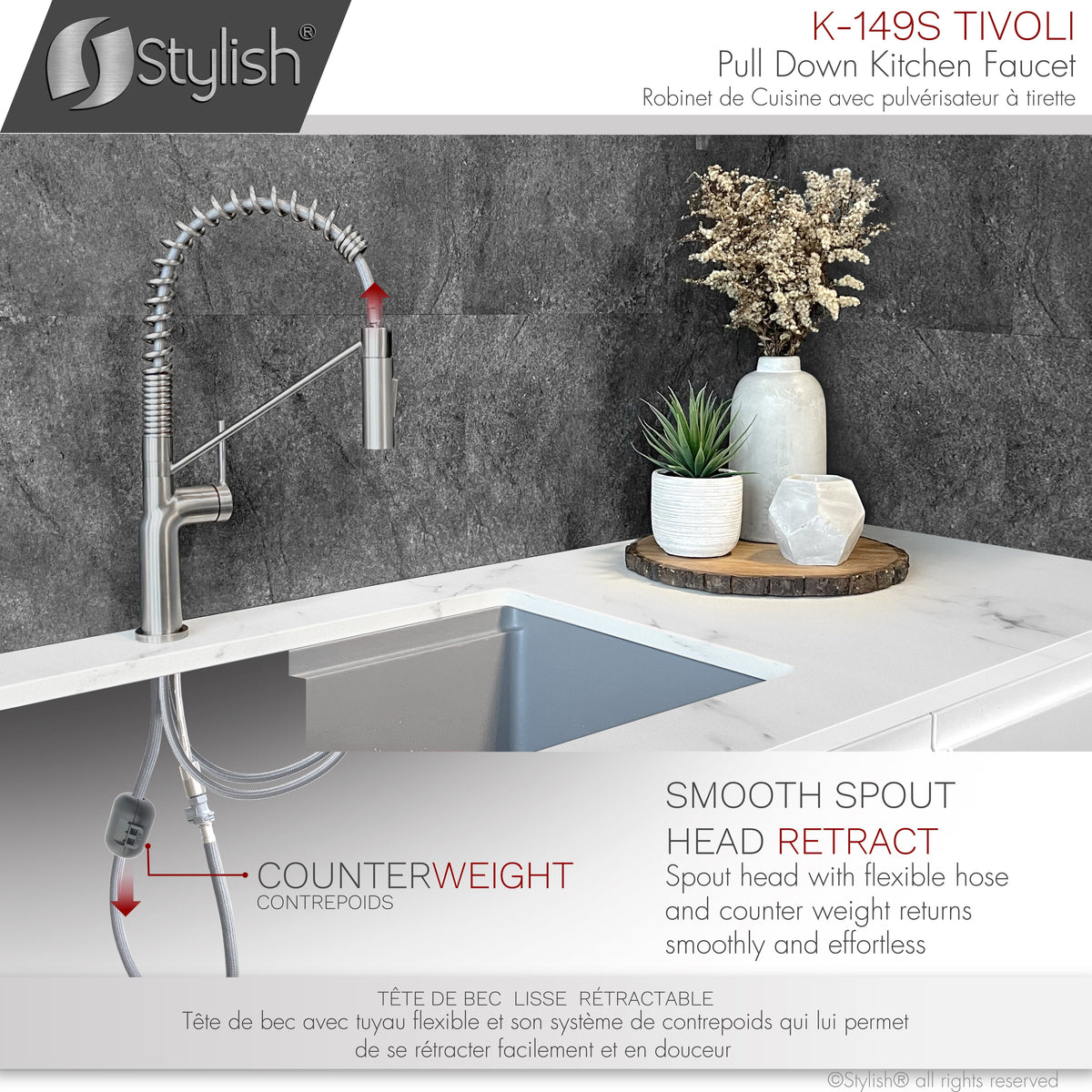 Stylish Tivoli Single Handle Pull Down Kitchen Faucet Brushed K-149S