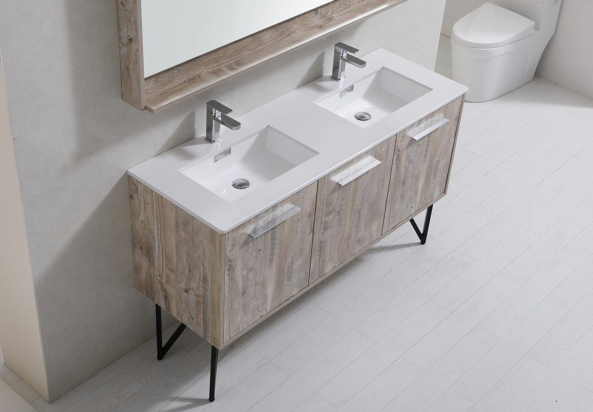 Kube Bath Bosco 60" Double Sink Modern Bathroom Vanity w/ Quartz Countertop - Nature Wood (KB60DNW) view 4
