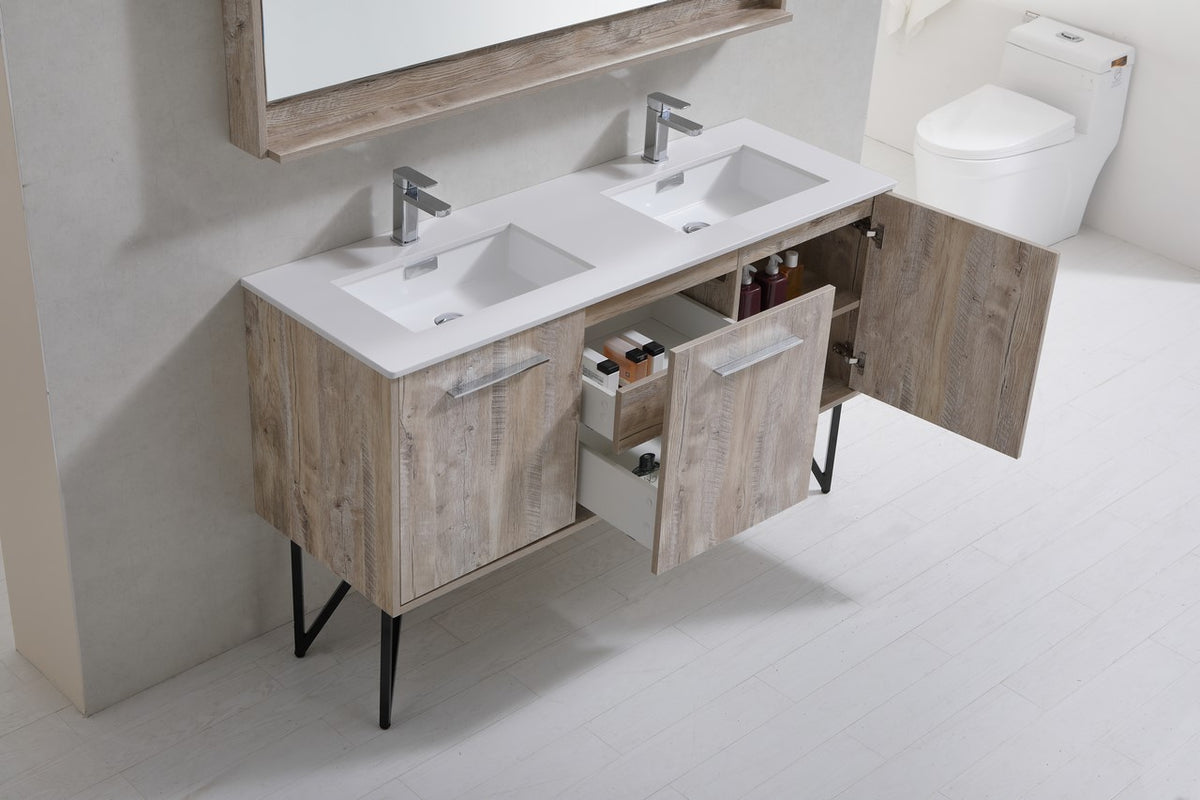 Kube Bath Bosco 60" Double Sink Modern Bathroom Vanity w/ Quartz Countertop - Nature Wood (KB60DNW) view 5