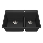 Kalia BACIA 33 Granistone Double Bowl 70/30 Kitchen Sink 33'' with Drain and Silicone Mat for Drop-In Installation Onyx Black KS2141-320