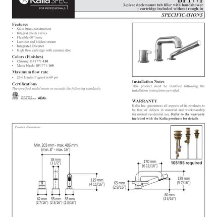 Kalia Basico 3 Piece Deck Mount Tub Filler with Handshower - Plumbing Market