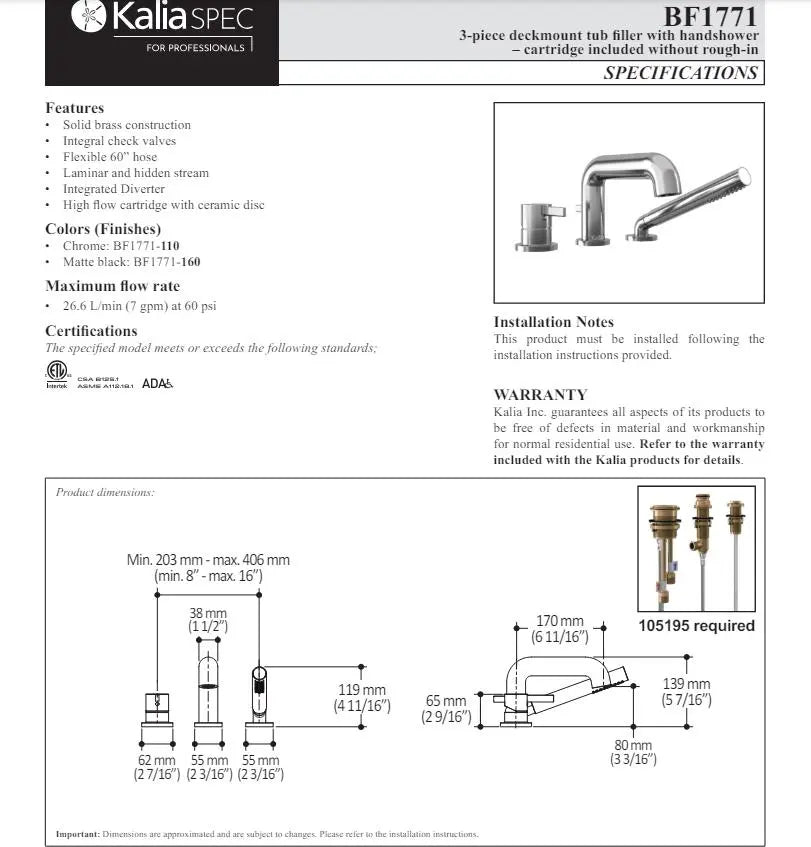 Kalia Basico 3 Piece Deck Mount Tub Filler with Handshower - Plumbing Market
