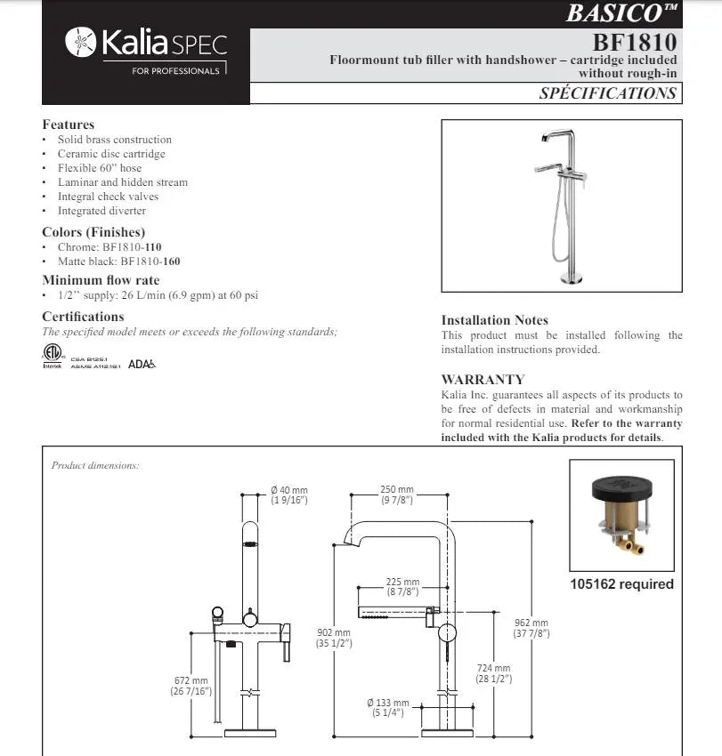Kalia Basico Free Standing Bathtub Tub Filler With Hand Shower Trim - Plumbing Market