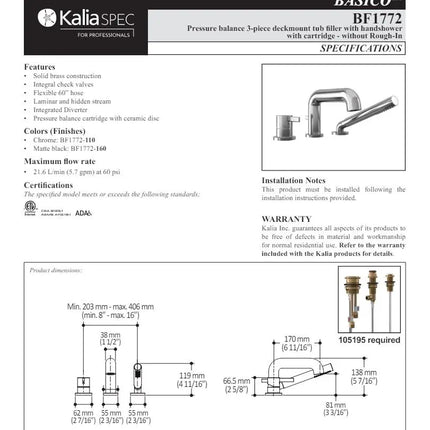 Kalia Basico Pressure Balanced 3 Piece Tub Filler W Handshower - Plumbing Market