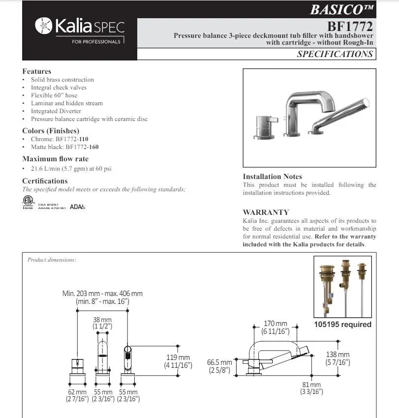 Kalia Basico Pressure Balanced 3 Piece Tub Filler W Handshower - Plumbing Market
