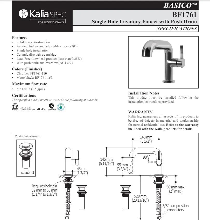 Kalia Basico Single Hole Bathroom Faucet With Pop Up Drain - Plumbing Market