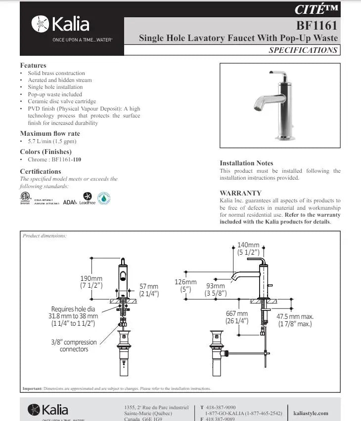 Kalia Cite Single Hole Bathroom Sink Faucet With Pop up Drain Chrome - Plumbing Market