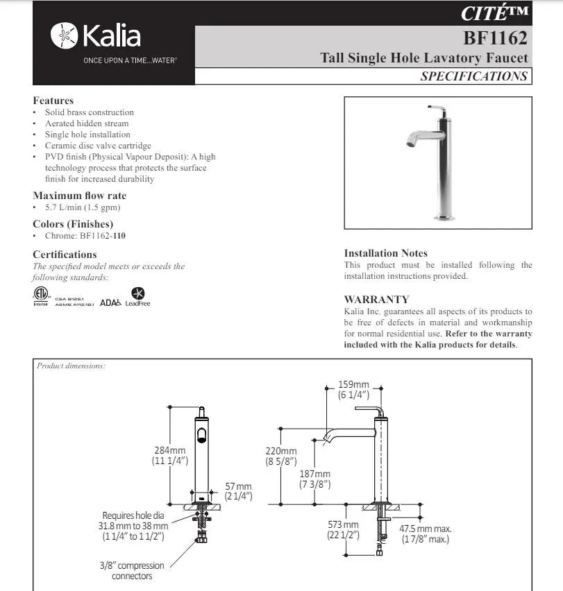 Kalia Cite Single Hole Bathroom Vessel Faucet With Pop Up Drain - Plumbing Market