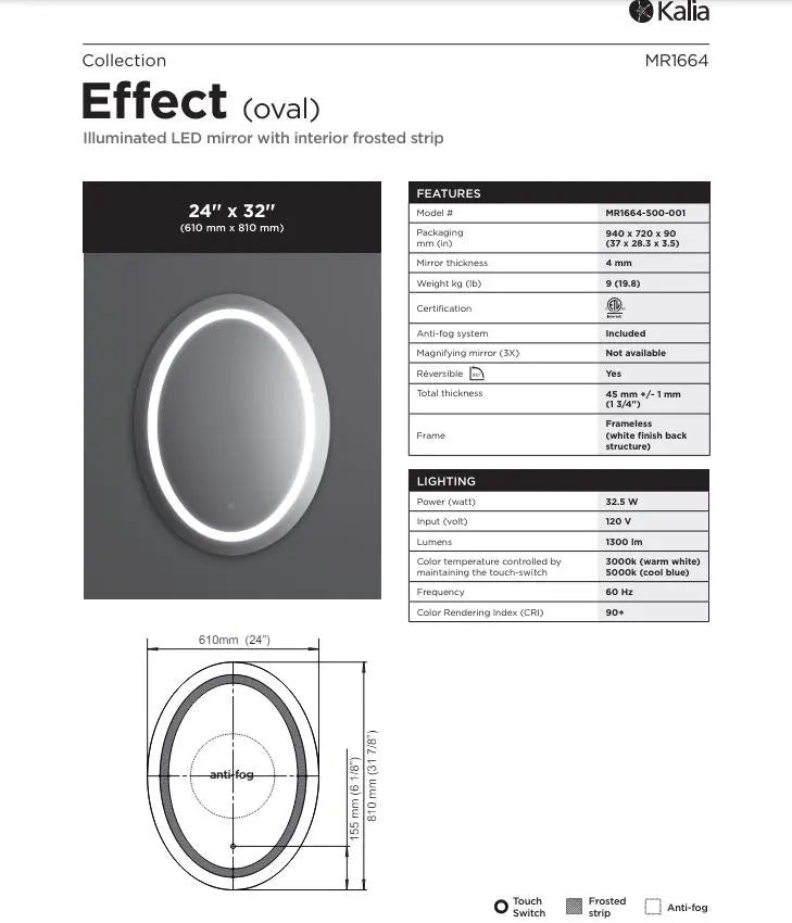 Kalia EFFECT 24 Inch Oval LED Mirror With Interior Frosted Strip - Plumbing Market