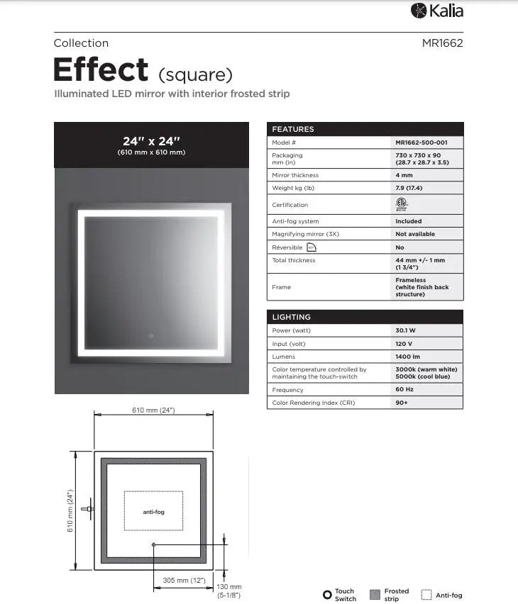 Kalia EFFECT 24 Inch Square LED Mirror With Interior Frosted Strip - Plumbing Market