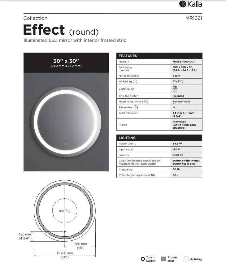 Kalia EFFECT 30 Inch Round LED Mirror With Interior Frosted Strip - Plumbing Market