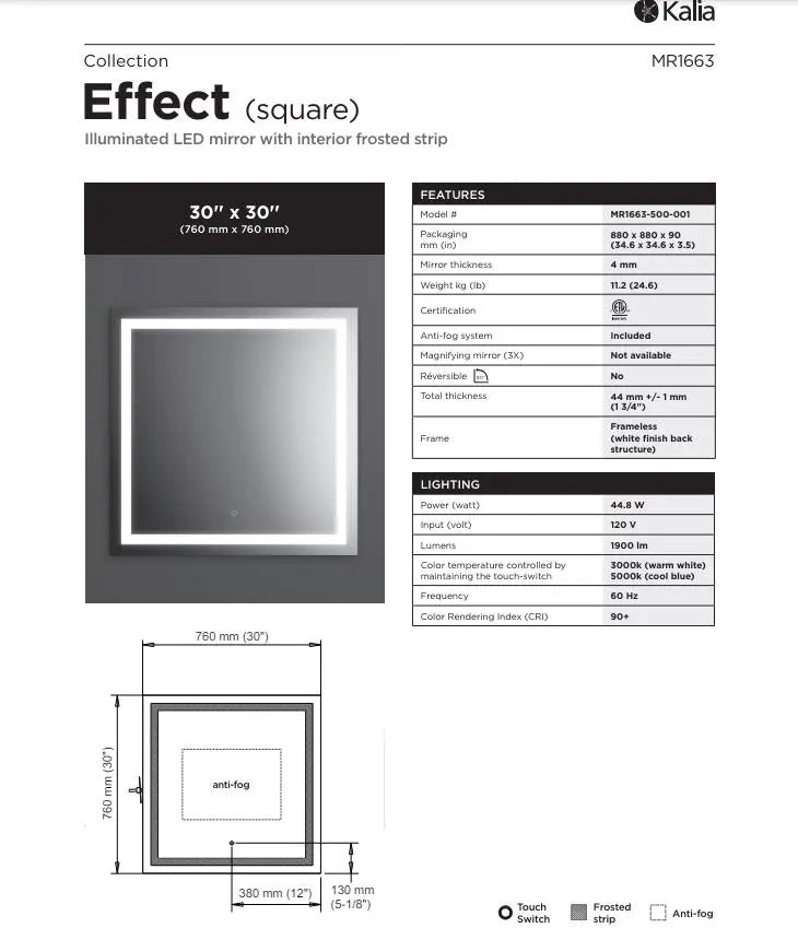 Kalia EFFECT 30 Inch Square LED Mirror With Interior Frosted Strip - Plumbing Market