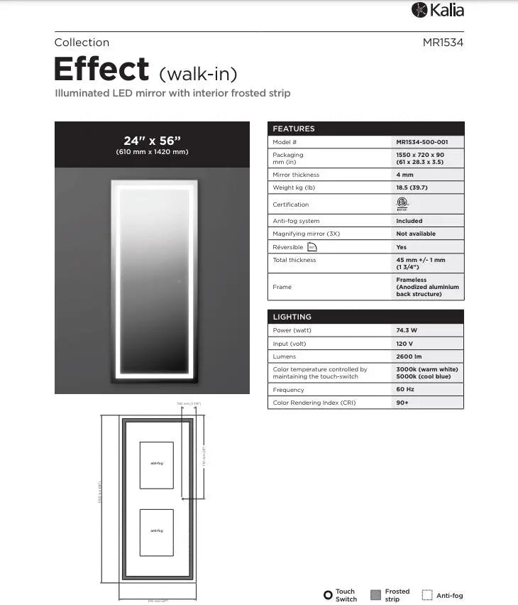 Kalia EFFECT Full Frame 24 Inch LED Mirror With Frosted Strip Inside - Plumbing Market