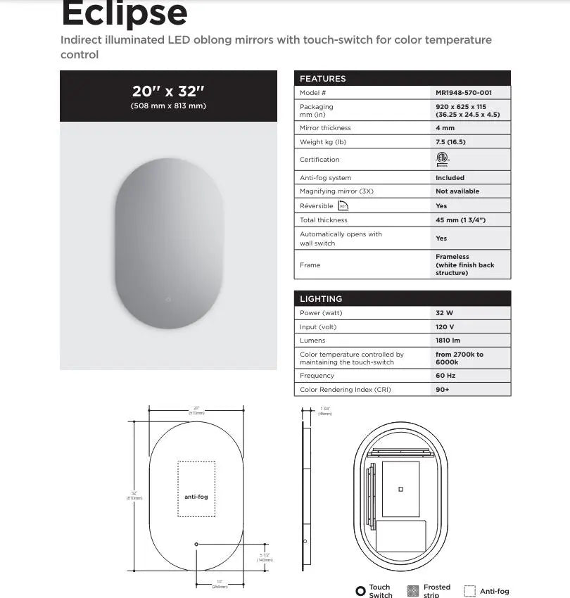Kalia Eclipse 20 x 32 Inch LED Backlit Bathroom Mirror - Plumbing Market