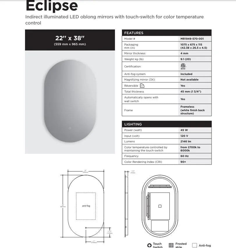Kalia Eclipse 22 x 38 Inch Backlit LED Bathroom Mirror - Plumbing Market