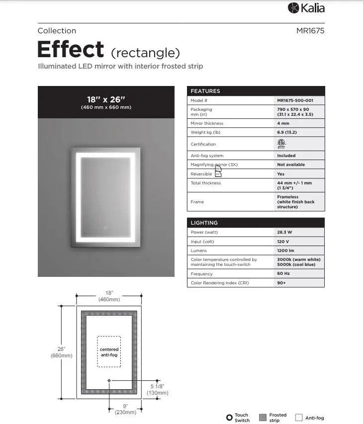 Kalia Effect 18 Inch Rectangular LED Mirror With Interior Frosted Strip - Plumbing Market