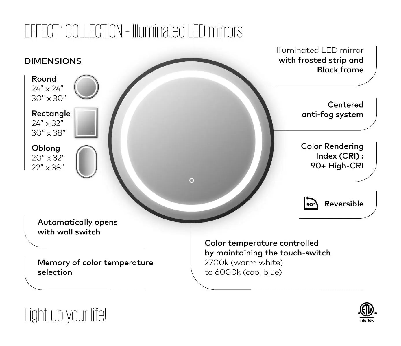 Kalia Effect 20 x 32 Inch LED Oval Shape Bathroom Mirror Black Frame - Plumbing Market