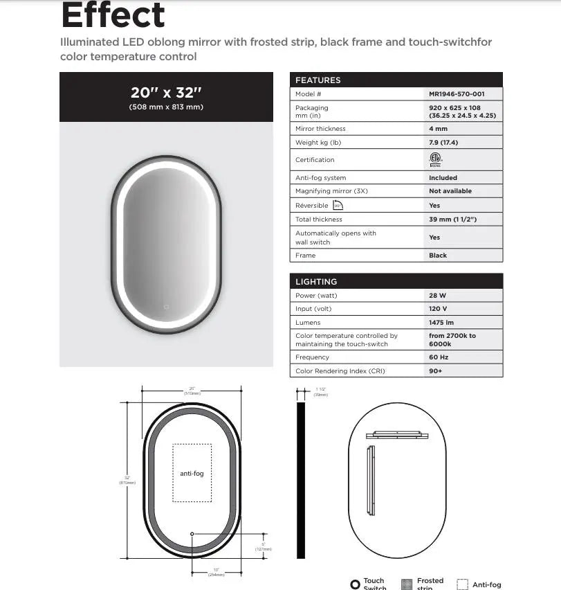 Kalia Effect 20 x 32 Inch LED Oval Shape Bathroom Mirror Black Frame - Plumbing Market