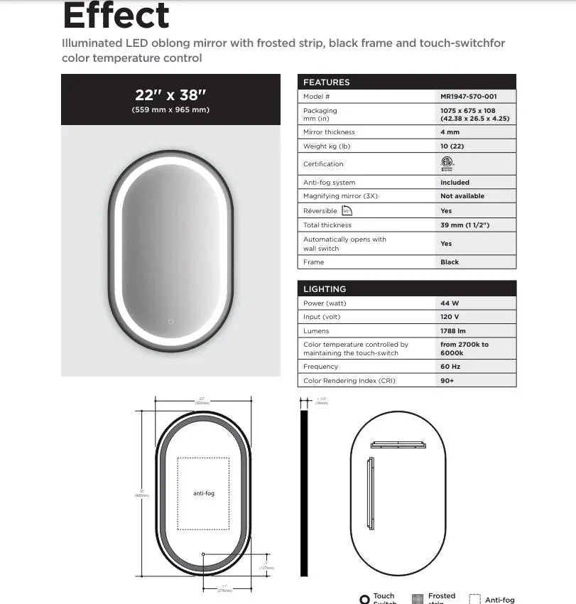 Kalia Effect 22 x 38 Inch LED Illuminated Bathroom Mirror Black Frame - Plumbing Market