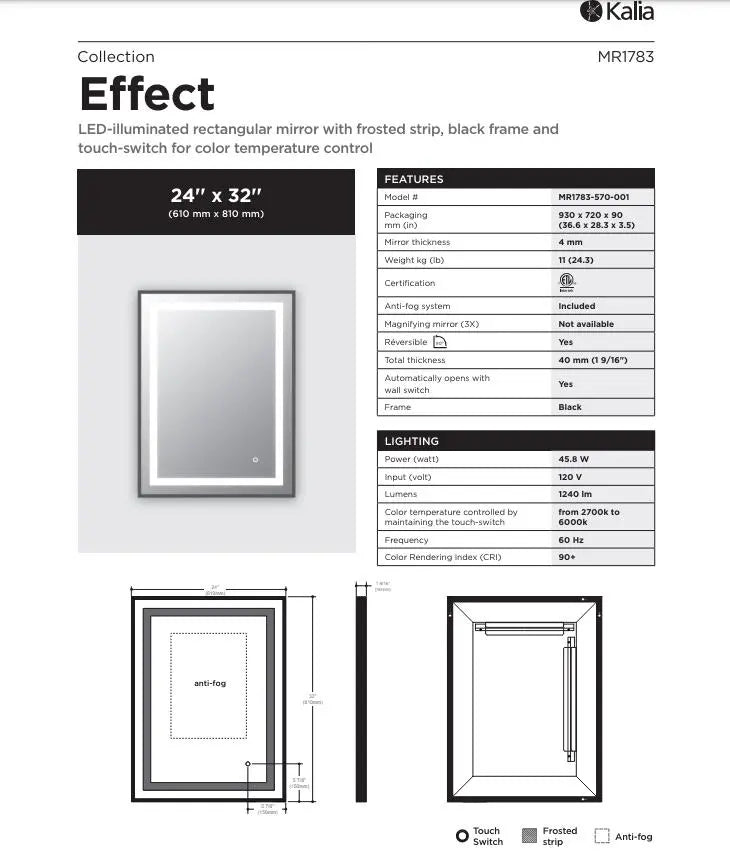 Kalia Effect 24 Inch LED Illuminated Rectangular Mirror With Frosted Strip - Plumbing Market