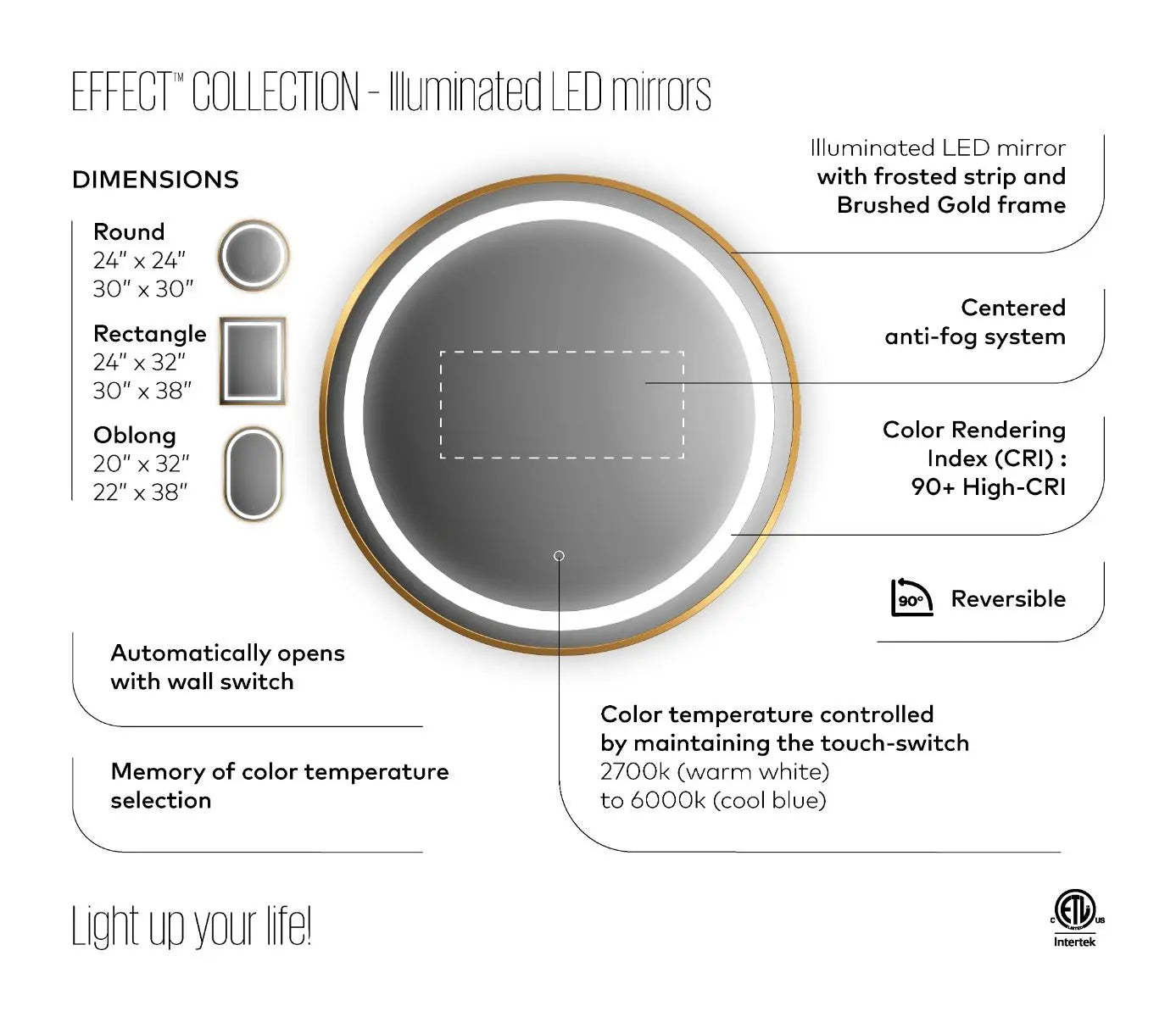 Kalia Effect 24 Inch LED Illuminated Round Bathroom Mirror Brushed Gold - Plumbing Market