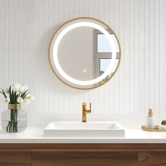 Kalia Effect 24 Inch LED Illuminated Round Bathroom Mirror Brushed Gold - Plumbing Market