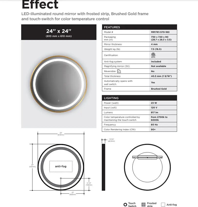 Kalia Effect 24 Inch LED Illuminated Round Bathroom Mirror Brushed Gold - Plumbing Market
