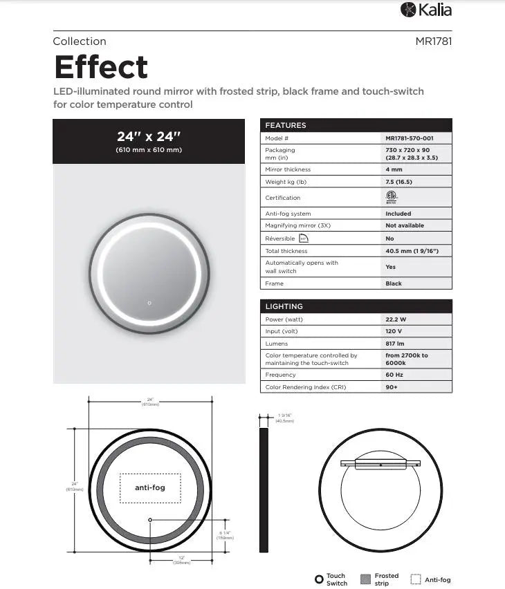 Kalia Effect 24 Inch LED Illuminated Round Mirror with Frosted Strip - Plumbing Market