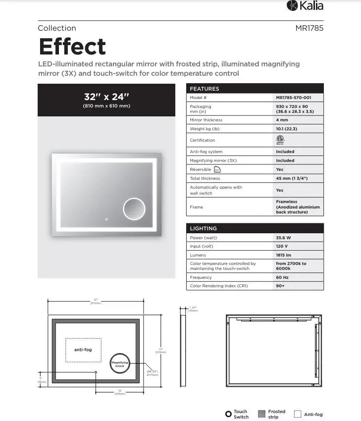Kalia Effect 24 Inch LED Rectangular Mirror With Frosted Strip - Plumbing Market