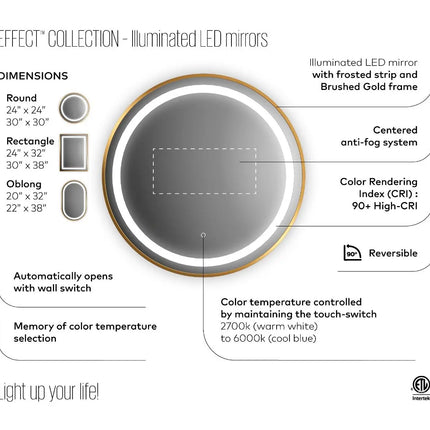 Kalia Effect 24 x 32 Inch LED Illuminated Bathroom Mirror Brushed Gold - Plumbing Market
