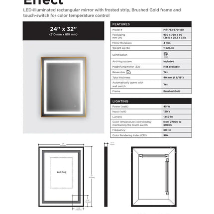 Kalia Effect 24 x 32 Inch LED Illuminated Bathroom Mirror Brushed Gold - Plumbing Market